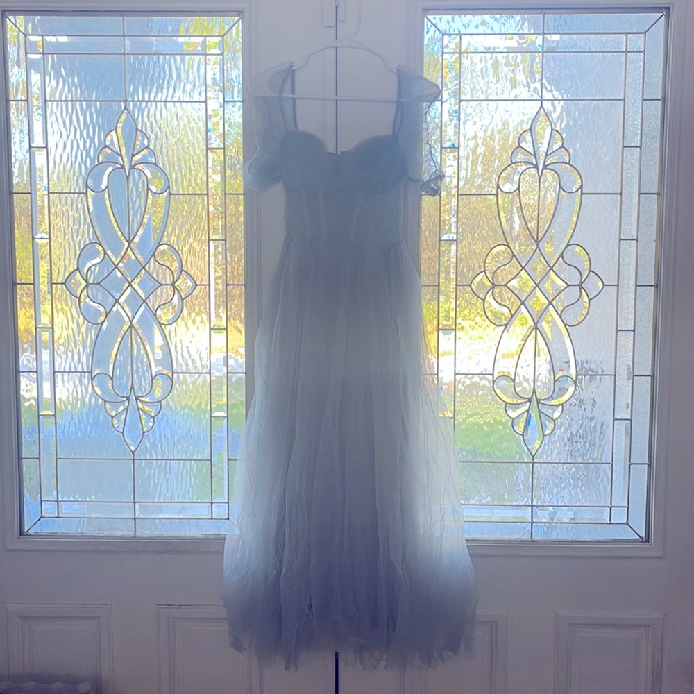 Dusty blue mesh tulle dress